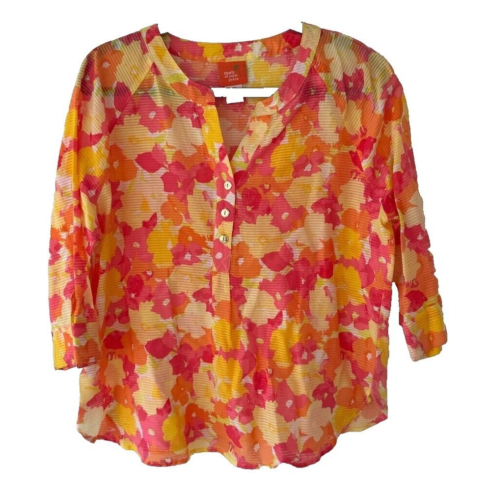 Hearts of Palm Petite Floral Cotton Blouse‎ Orange Pink Yellow 12P 3/4 Sleeve